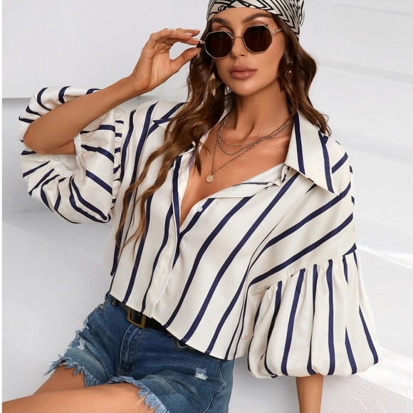 Striped Blue on White Lantern Sleeve Cropped Button Down Shirt - Picture 1 of 8